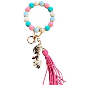 Colorful Beaded Keychain Bracelet With Tassel & Charms - Pink Blue & White Beads